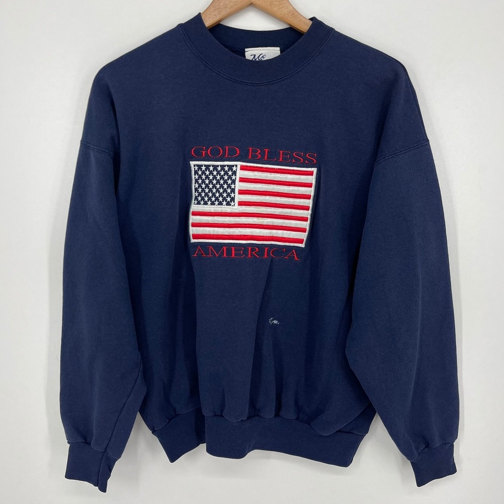 MC Sport Mens God Bless America Embroidered American Flag Sweatshirt Navy Blue L